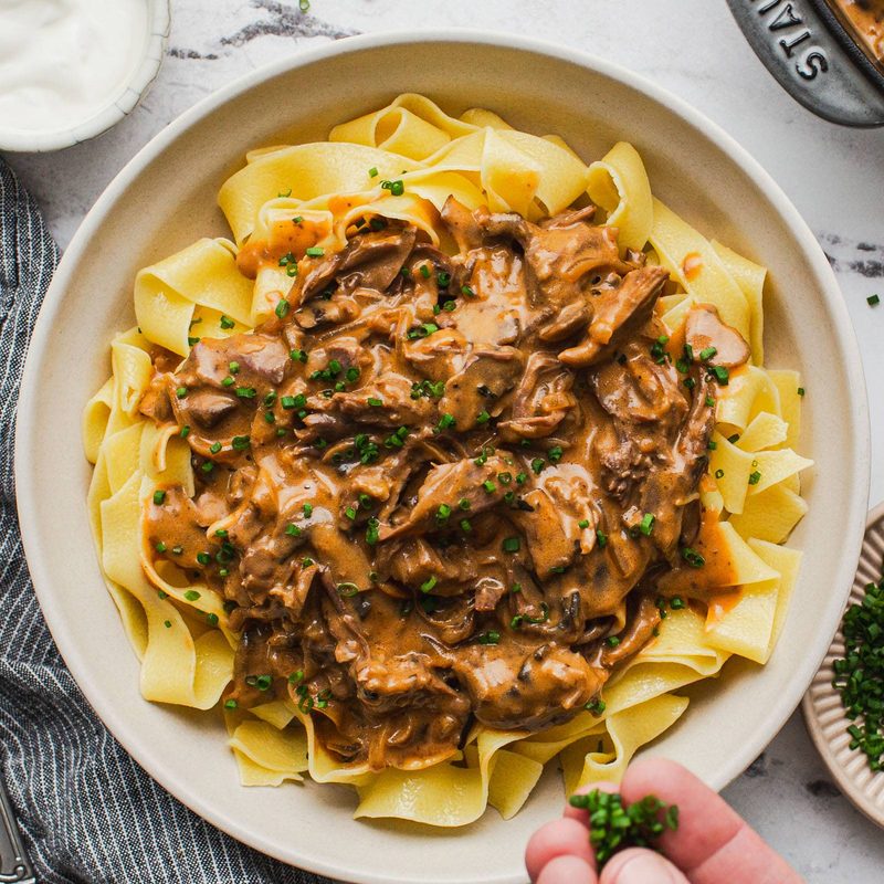 Beef stroganoff in a bowl.