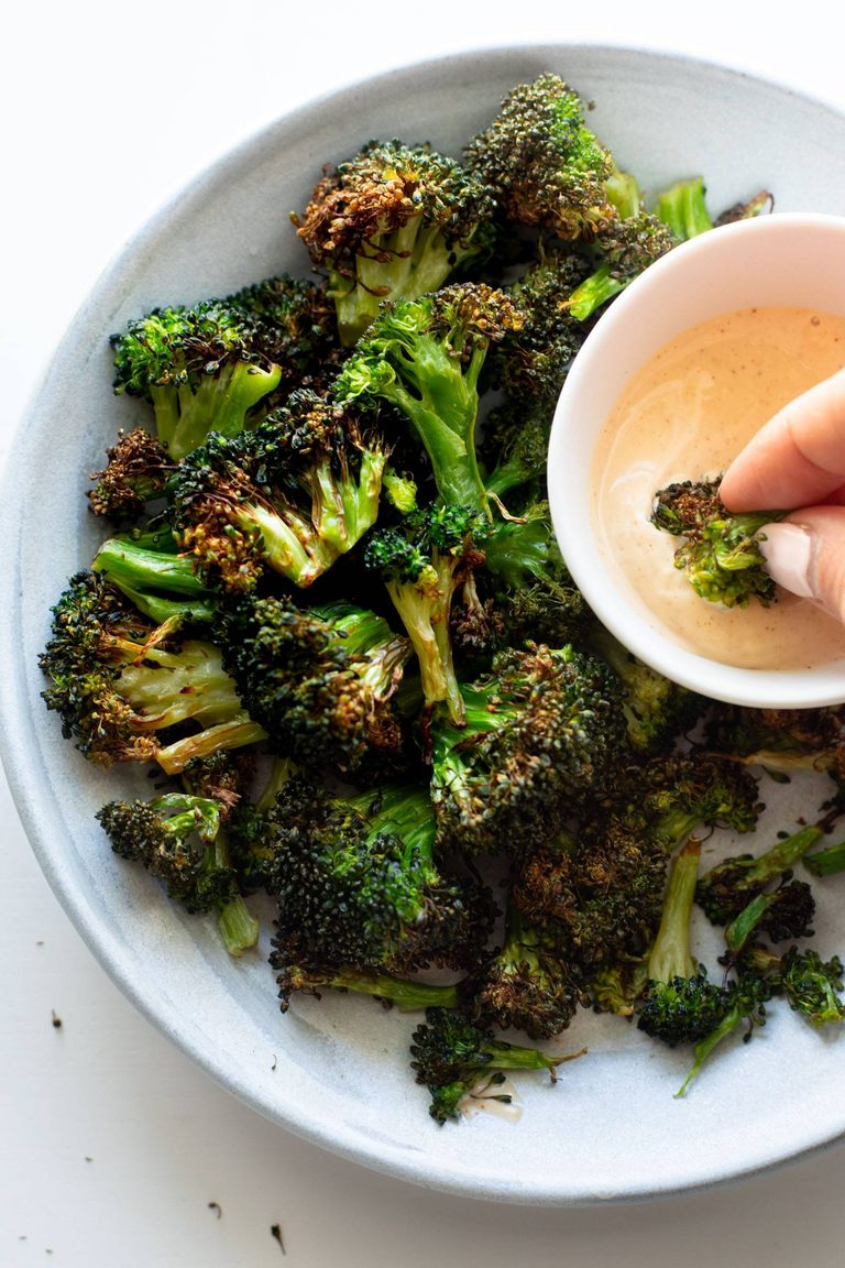 Air-fried broccoli with dipping sauce.