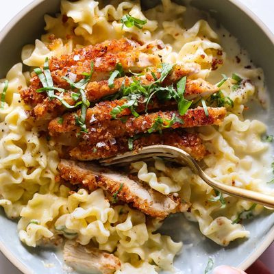 Crispy chicken with lemon pasta.