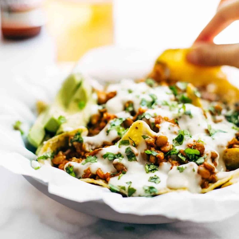 A picture of Spicy Lentil Nachos with Three Cheese Sauce