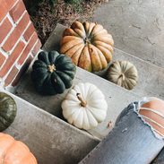 Lindsay sitting on a step with pumpkins.