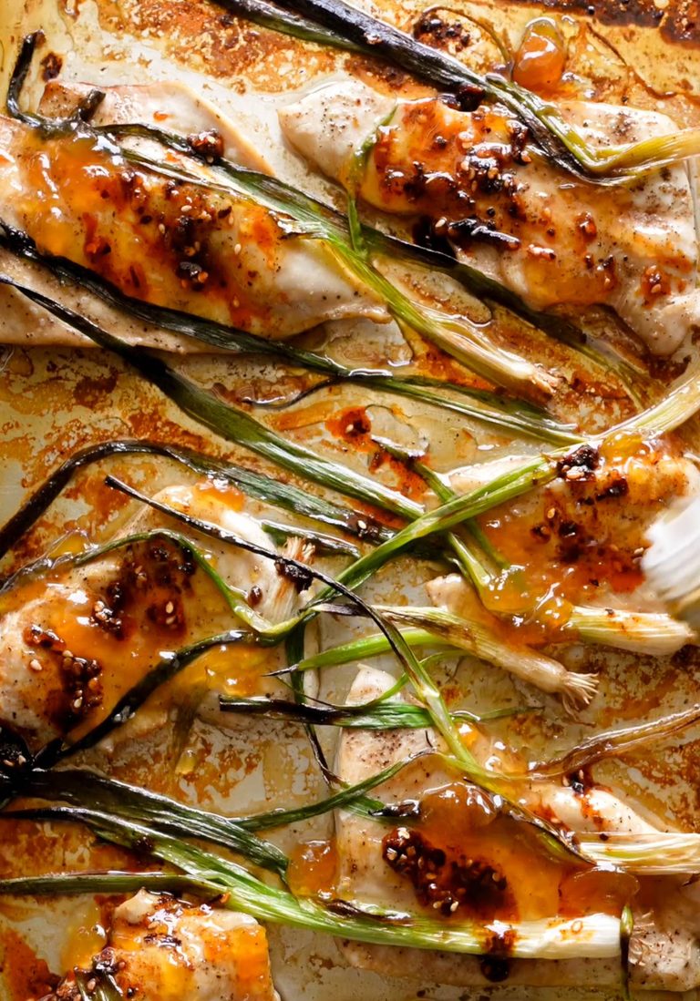 Apricot chicken and scallions.