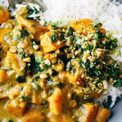Sweet Potato Curry in a bowl with rice.