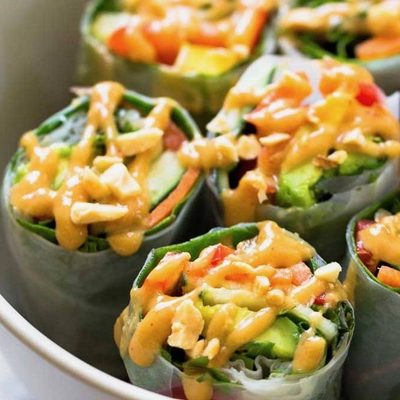 Thai Summer Rolls with Peanut Sauce in bowl.