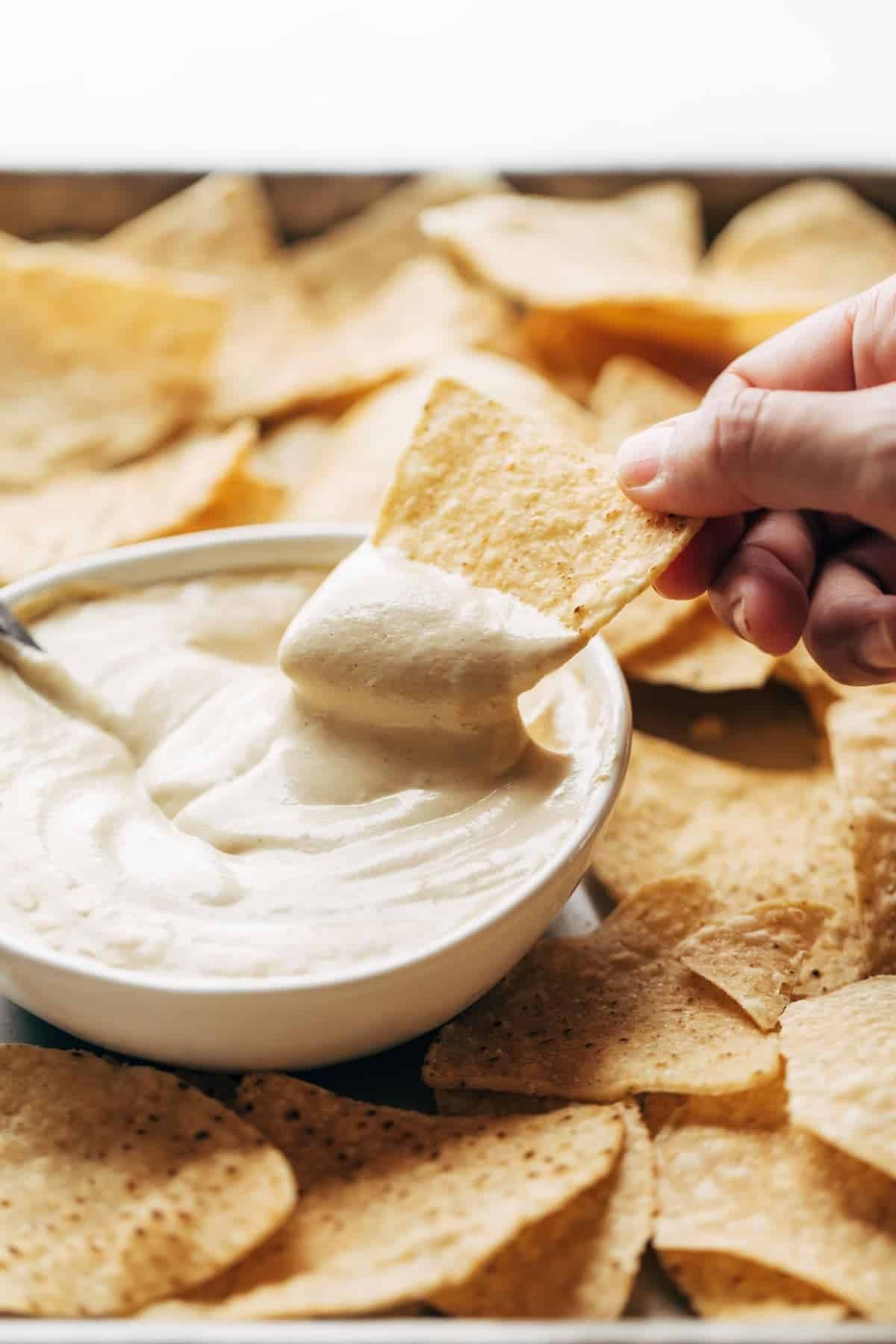 Vegan queso on a chip.