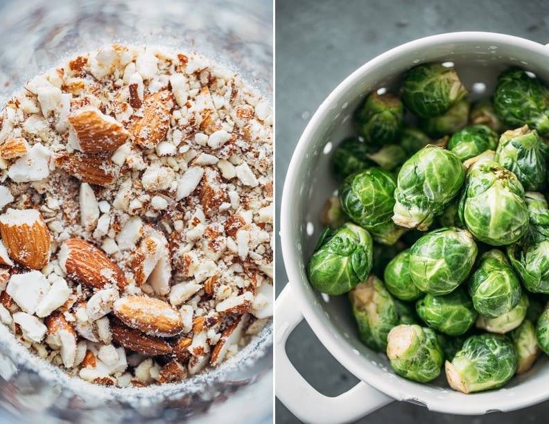 Chopped almonds and brussels sprouts.