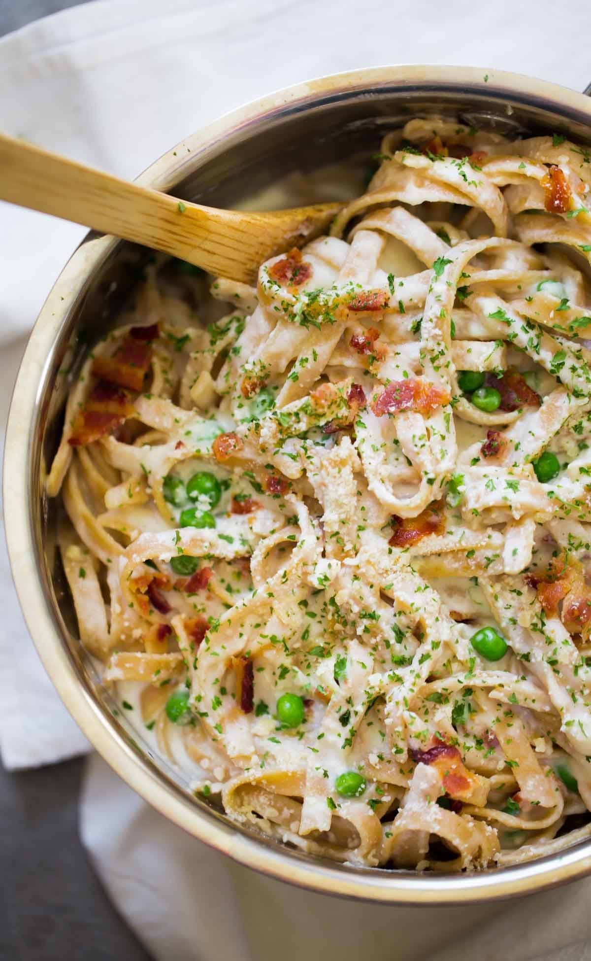 Whole Wheat Fettuccine Alfredo in a pan.