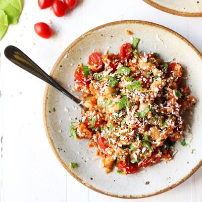 Asiago White Beans with Farro, Kale, and Tomatoes.