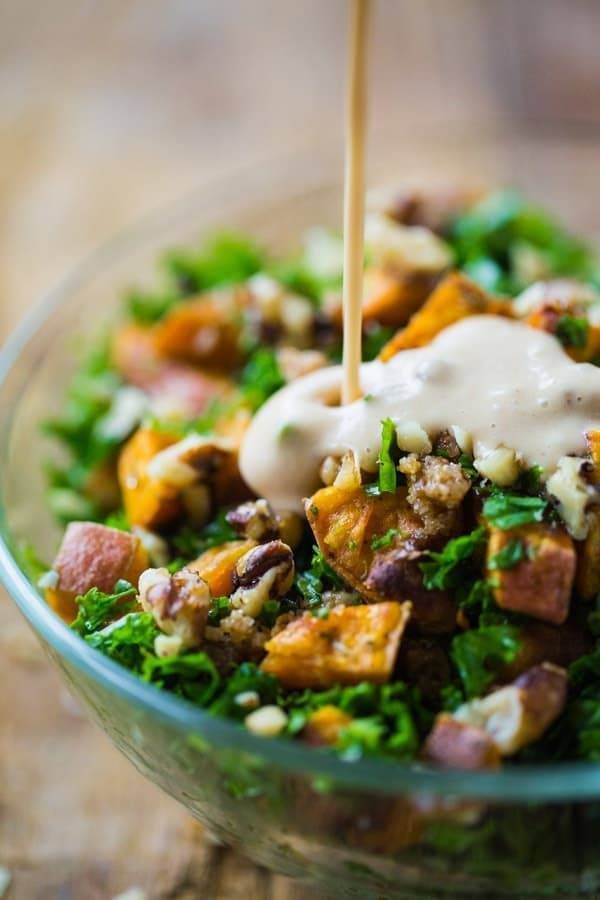 Sweet potato salad with dressing drizzle.